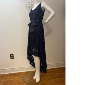 NEW Le Chateau flocked burnout Chiffon mesh lace Navy blue asymmetrical Maxi NWT
